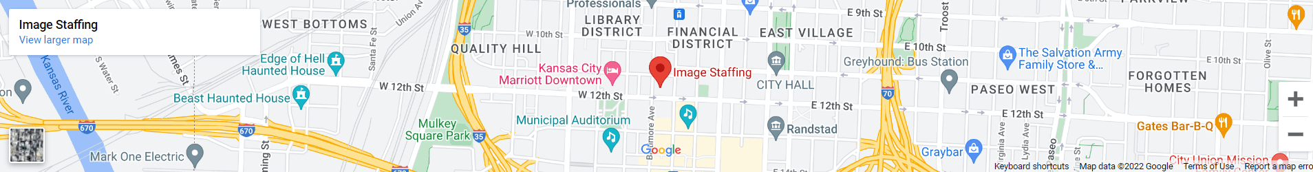 Map showing a location pin in Kansas City near Library and Financial Districts.